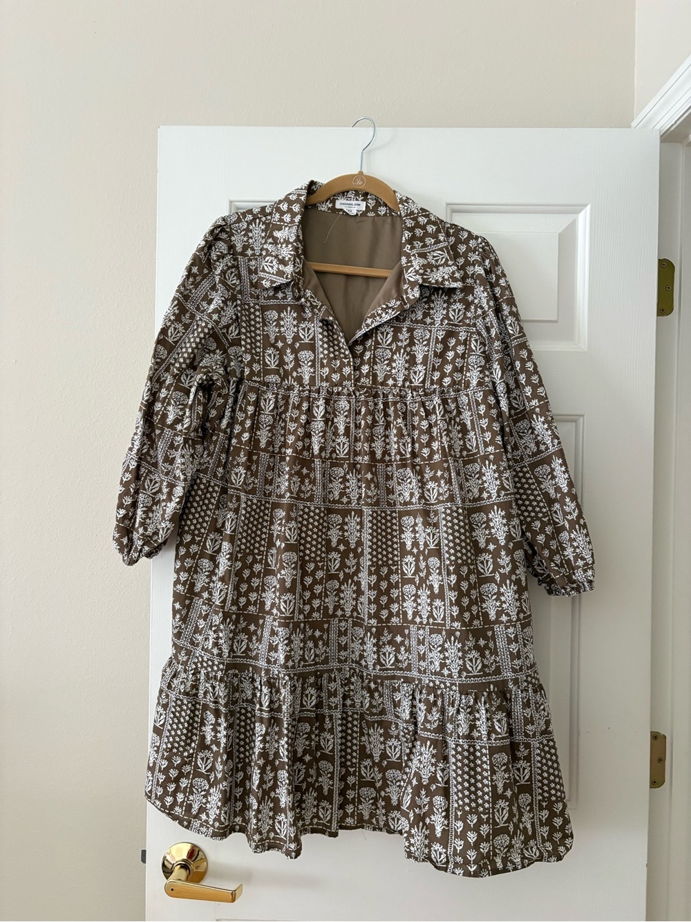Chic Soul Brown Floral Print Tiered Button-Front Long Sleeve Dress